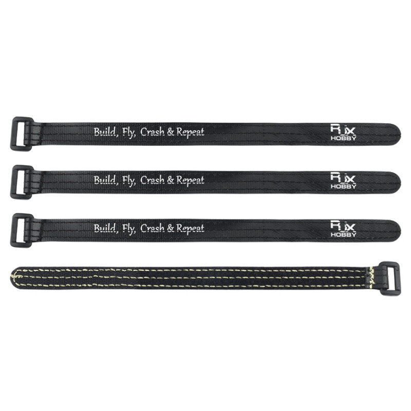 RJXHOBBY RJX Non-Slip Silicone Battery Strap, Four black RJXHOBBY battery straps with metal buckles and “Build, Fly, Crash & Repeat” print