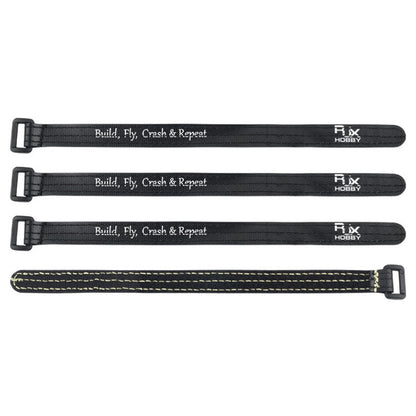 RJXHOBBY RJX Non-Slip Silicone Battery Strap, Four black RJXHOBBY battery straps with metal buckles and “Build, Fly, Crash & Repeat” print