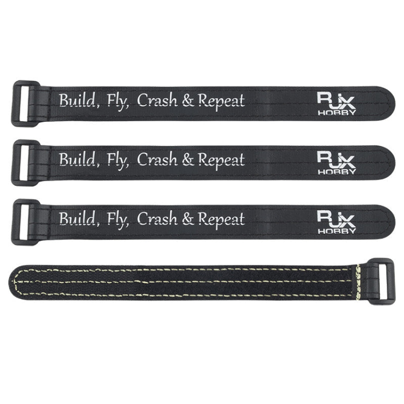 RJXHOBBY Non-Slip Silicone Battery Strap, RJXHOBBY black battery straps with metal buckles and "Build, Fly, Crash & Repeat" text
