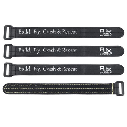 RJXHOBBY Non-Slip Silicone Battery Strap, RJXHOBBY black battery straps with metal buckles and "Build, Fly, Crash & Repeat" text