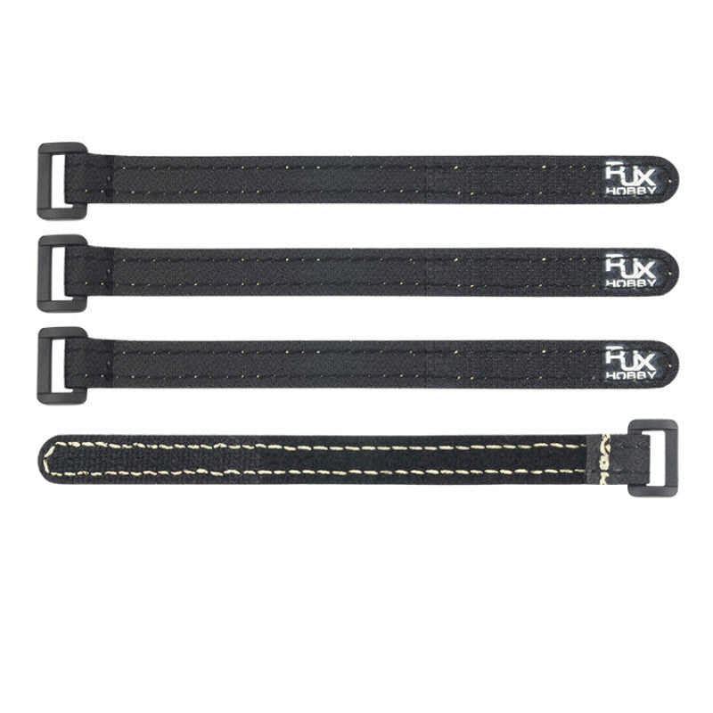 RJXHOBBY 4-Pack 12mm Nylon Battery Strap, Four black RJXHOBBY nylon battery straps with plastic buckles and stitched edges, 12mm wide