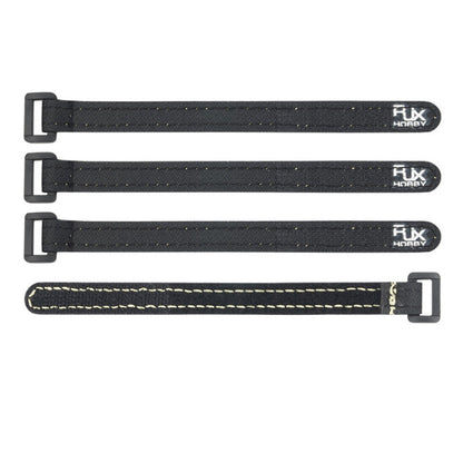RJXHOBBY 4-Pack 12mm Nylon Battery Strap, Four black RJXHOBBY nylon battery straps with plastic buckles and stitched edges, 12mm wide