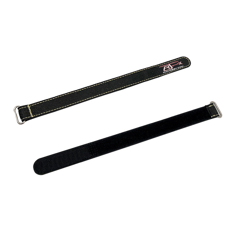 RJXHOBBY 2pcs Kevlar Battery Strap, Two RJXHOBBY Kevlar hook-and-loop battery straps with metal buckles and yellow stitching, in black.