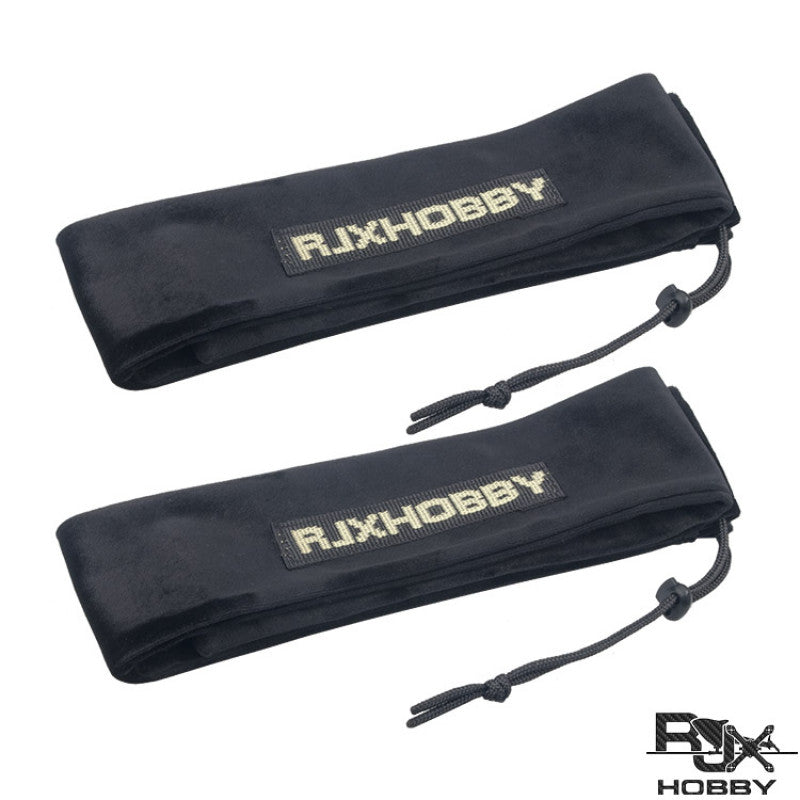 RJXHOBBY Blades and Propeller Protection Cover, Two black RJXHOBBY drawstring fabric sleeves for RC propeller blade protection, with stitched logo patches