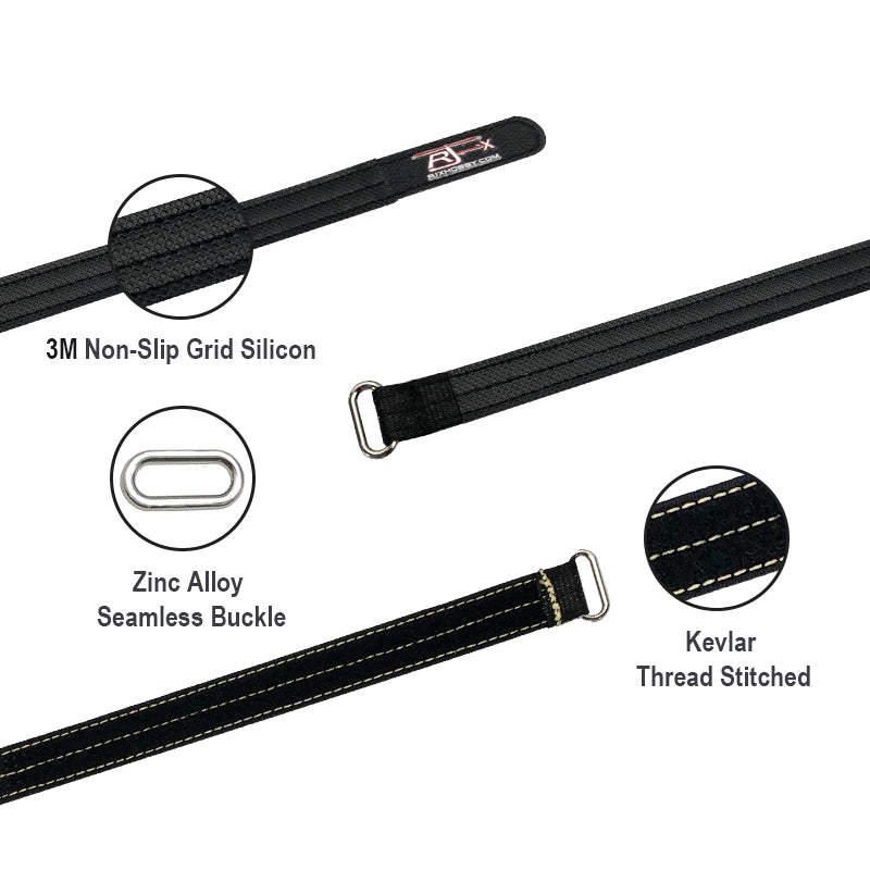 RJXHOBBY Kevlar battery strap with non-slip silicone grid lining, Kevlar stitched edges, and zinc alloy buckle