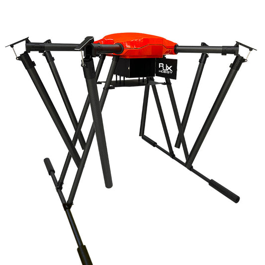 RJX Hobby folding hexacopter frame with carbon fiber arms, red center canopy, and tall landing gear