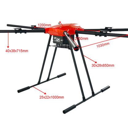 RJX2550 folding hexacopter frame with carbon fiber arms, red center hub, tall landing gear, 2550mm span