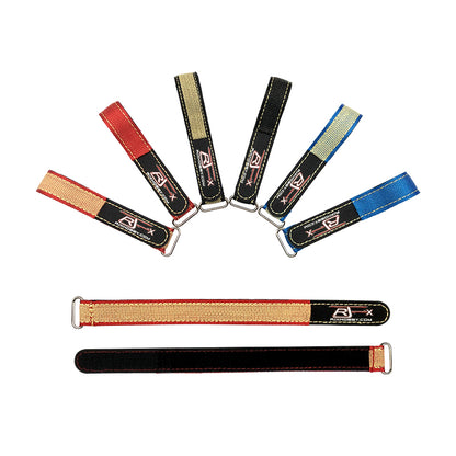 RJXHOBBY Kevlar battery straps with metal buckles, shown in multiple colors with stitched RJX logo tags