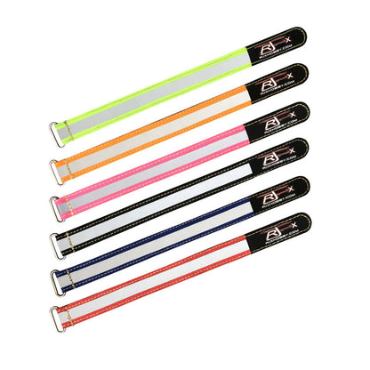 RJXHOBBY Reflective Battery Strap 2pcs, RJXHOBBY reflective battery strap with metal buckle and RJX logo, shown in multiple color options