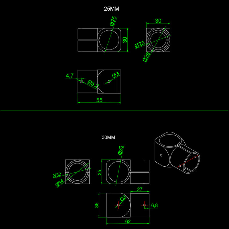 RJX 16/ 20/25/30mm Carbon Fiber T-Piece Connector for UAV Drones