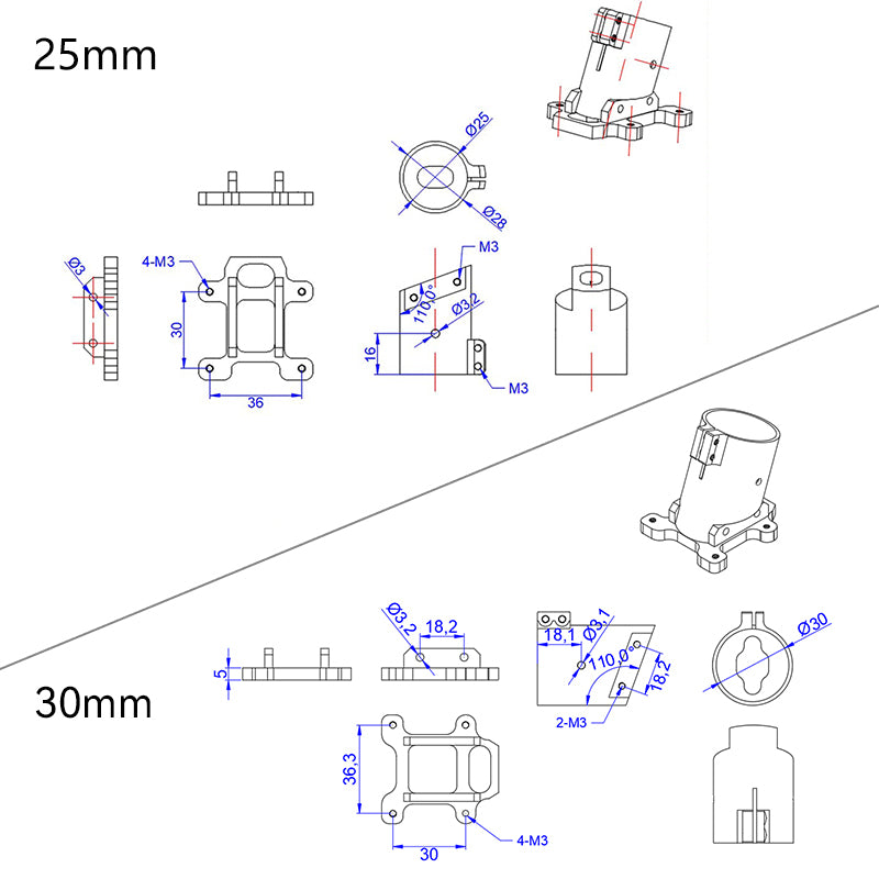 RJX 110° D16/18/20/22/25/30mm landing gear Multi axis uav parts aluminum alloy carbon tube connection foot mount fixing parts