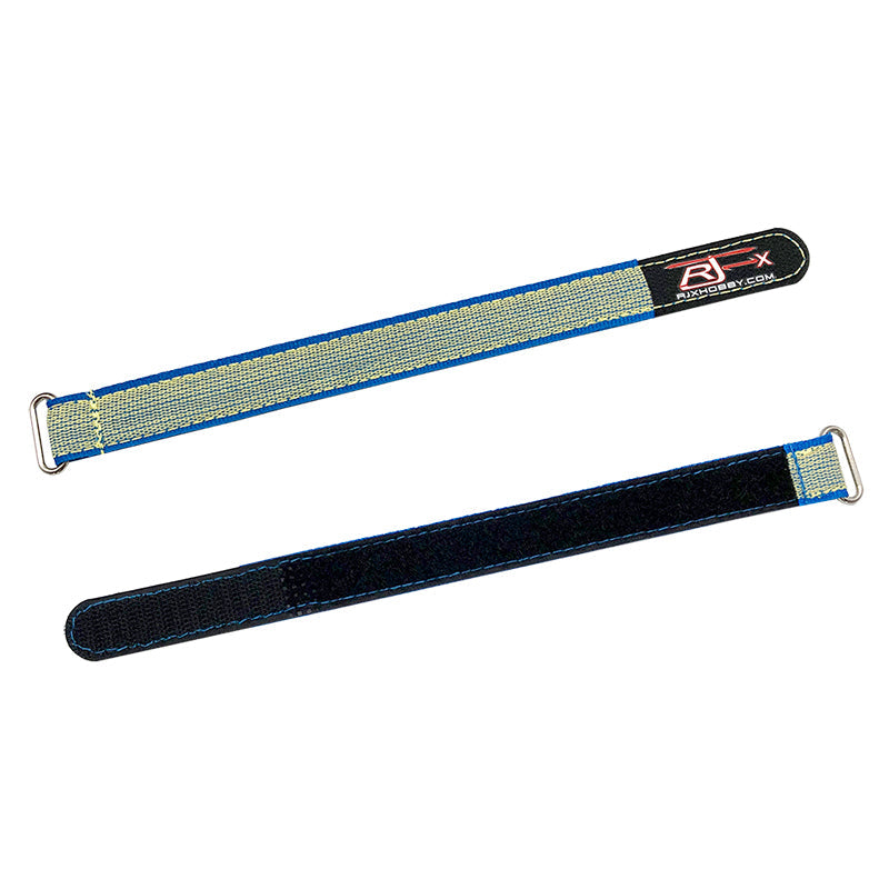 RJXHOBBY 2pcs Kevlar Battery Strap, Two RJXHOBBY Kevlar hook-and-loop battery straps with metal buckles, blue and black, for securing RC packs