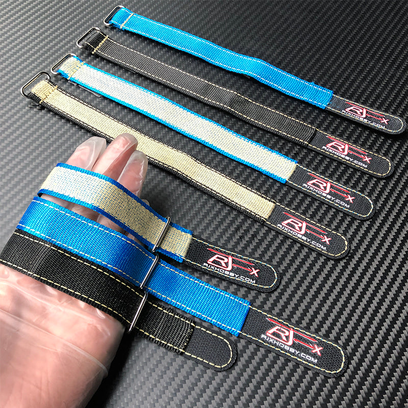 RJXHOBBY 2pcs Kevlar Battery Strap, RJXHOBBY Kevlar battery straps with metal buckles and stitched blue, black, and gold webbing