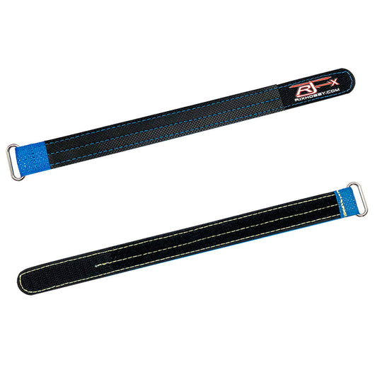 RJXHOBBY 2pcs Kevlar Battery Strap, Two RJXHOBBY battery straps with metal buckles, black webbing with blue end tabs and stitched edging