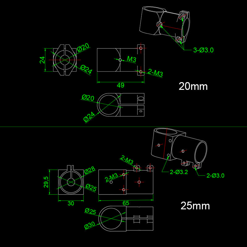 RJX Landing Gear Aluminum Alloy Tee Tripod 20 to 20mm / 25m to 25mm Carbon Fiber Tube Connector For Agriculture Drone UAV