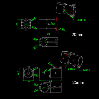 RJX Landing Gear Aluminum Alloy Tee Tripod 20 to 20mm / 25m to 25mm Carbon Fiber Tube Connector For Agriculture Drone UAV