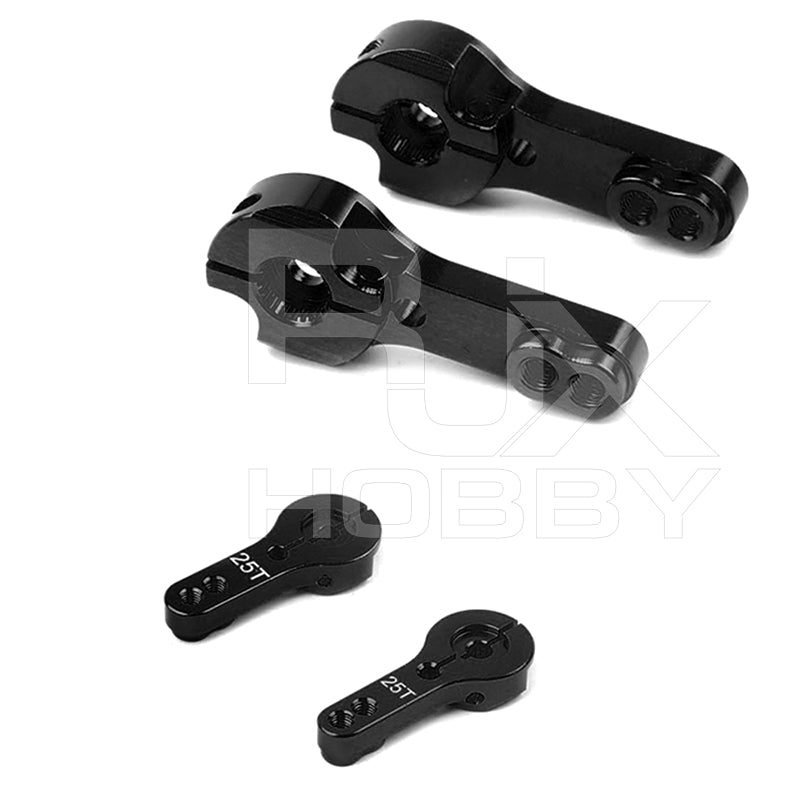 Black aluminum clamping servo horn arms with 25T marking and dual mounting holes for RC servos