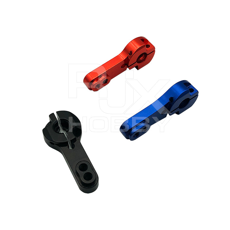 Three aluminum clamp-style servo horn arms in red, blue, and black with dual mounting holes