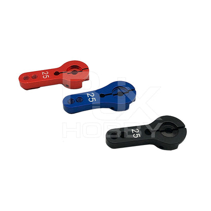 Set of three aluminum servo horn arms marked 25T in red, blue, and black, with clamping hub and mounting holes.
