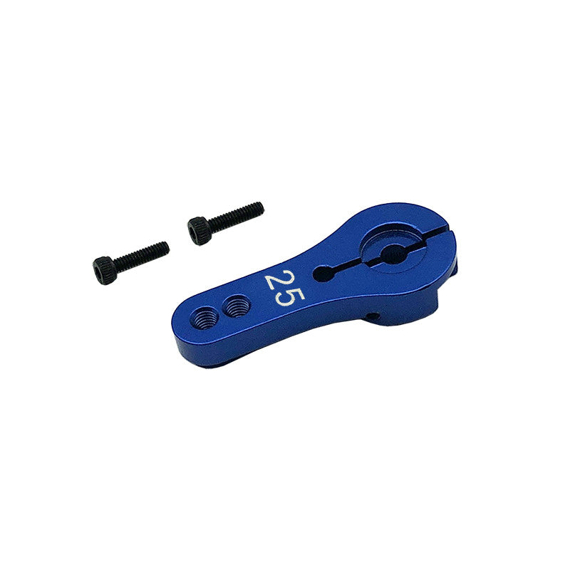 Blue aluminum servo horn arm marked 25T with two black mounting screws for RC servo linkage setup
