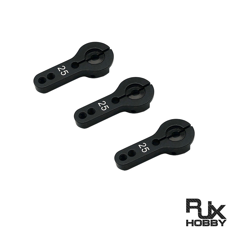 Set of 3 black aluminum servo horn arms marked 25T with two mounting holes, RJX hobby