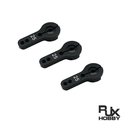Set of 3 black aluminum servo horn arms marked 25T with two mounting holes, RJX hobby