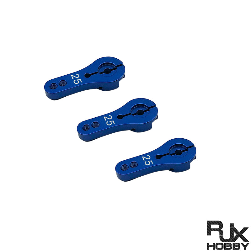 Three blue aluminum servo horn arms marked 25T, with clamp-style hub and threaded linkage holes