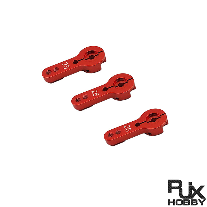 Three red aluminum servo horn arms marked 25, with clamping hub and two linkage holes for RC servos