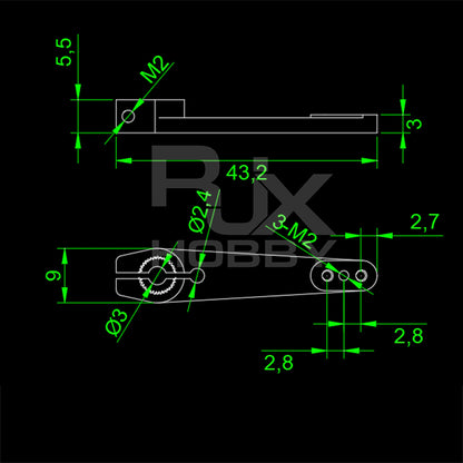 ذراع سيرفو معدني RJX 25T لجناح ثابت قطعة واحدة لـ GDW 596/893 70E، خيوط M2، طول 43.2 رسم توضيحي