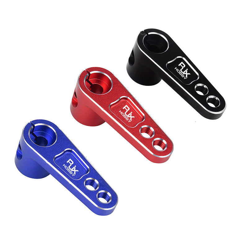 Set of three RJX 25T RC servo horn steering arms in red, blue, and black with two mounting holes each