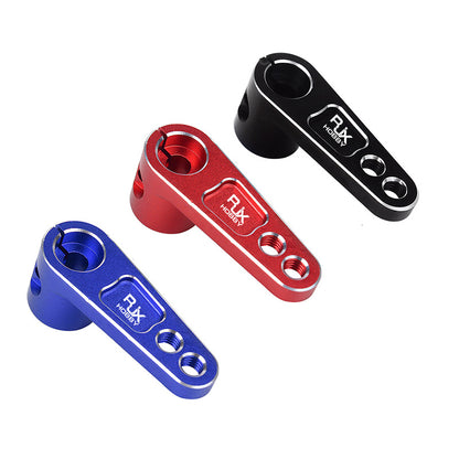 Set of three RJX 25T RC servo horn steering arms in red, blue, and black with two mounting holes each