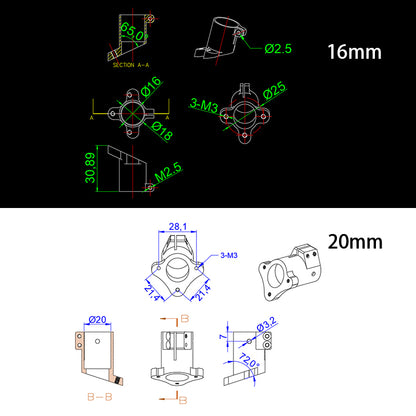 RJX 1PC D16/D20/D25/D30mm Tripod Fixed Mount, Dimensioned drawing of RJX tripod fixed mount clamp for 16mm and 20mm tubes with 3×M3 holes