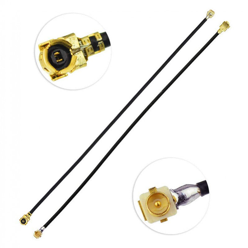 Two 100mm RF pigtail cables with small gold MHF1 and IPX1/U.FL connectors on black coax wire