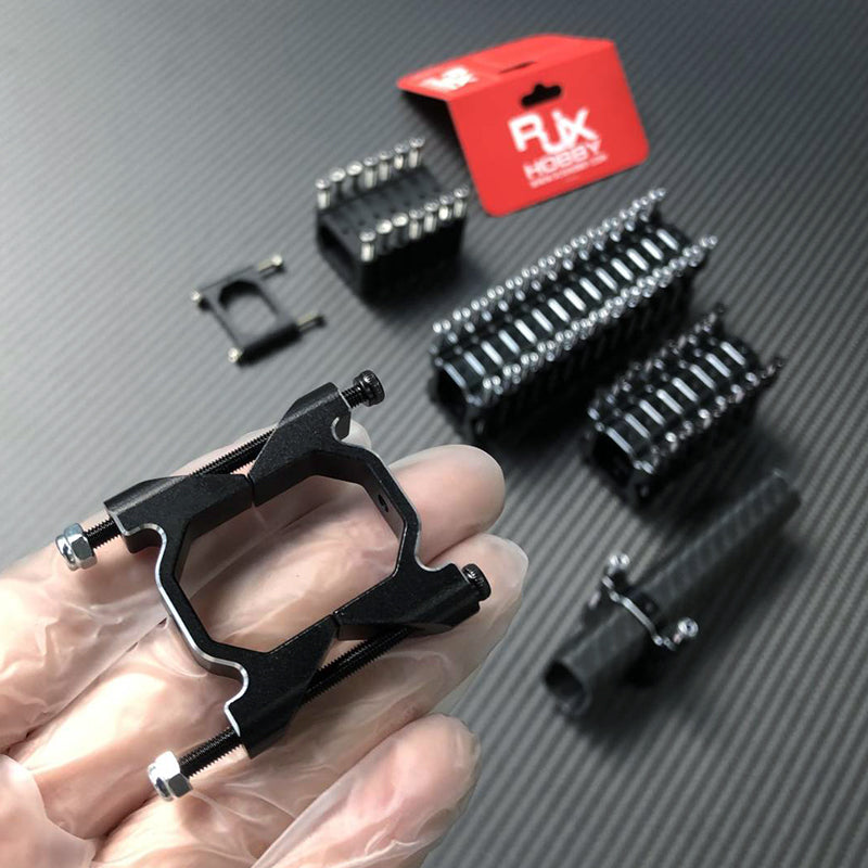 RJX vertical aluminum tube clamp in black anodized finish with two bolts and mounting hardware