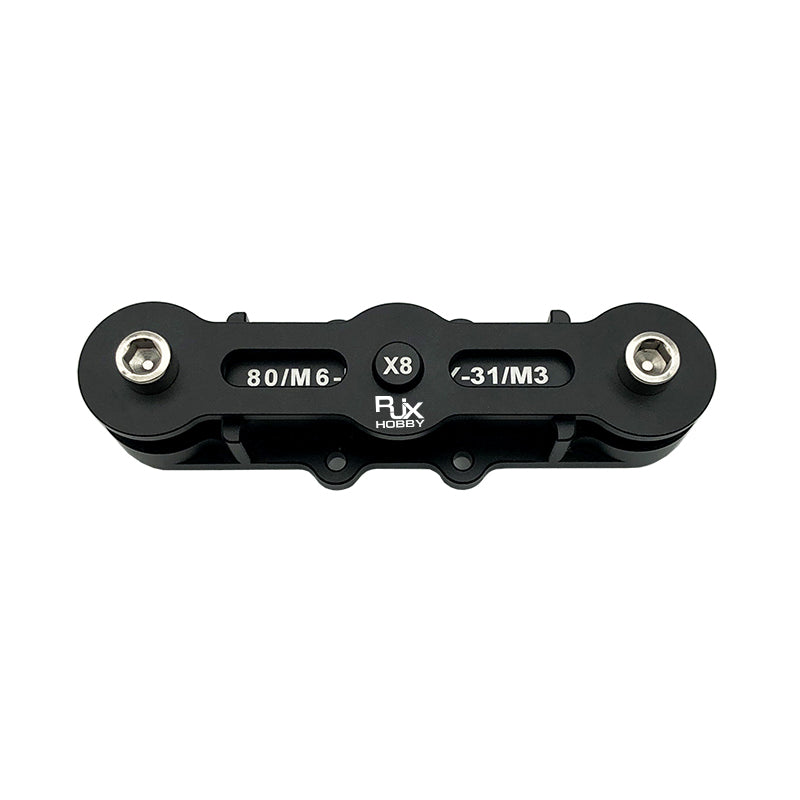 RJX Propeller Clip, RJX Hobby propeller clip tool marked X8, 80/M6 and 31/M3, with two metal fasteners on a black body