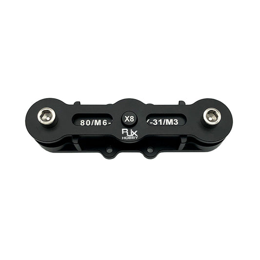 RJX Propeller Clip, RJX Hobby propeller clip tool marked X8, 80/M6 and 31/M3, with two metal fasteners on a black body