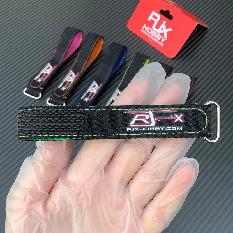 RJXHOBBY non-slip silicone battery strap with stitched edges and metal buckle, RJX logo, 20mm wide