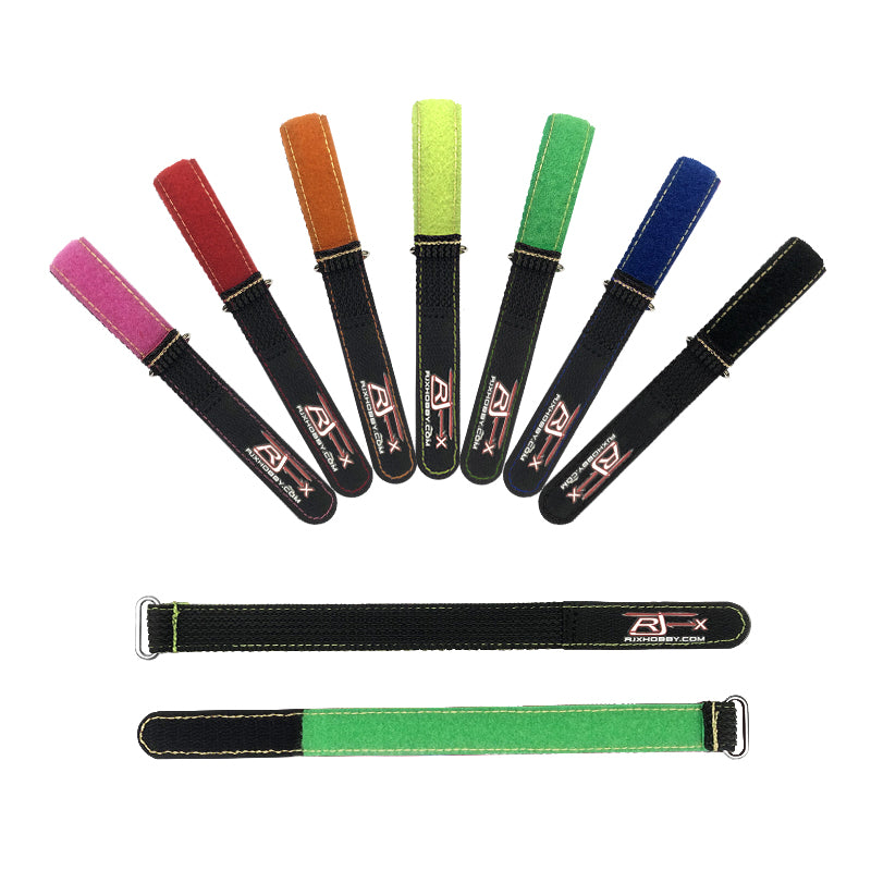RJXHOBBY stitched battery straps with metal buckle, shown in multiple colors for securing RC or FPV batteries