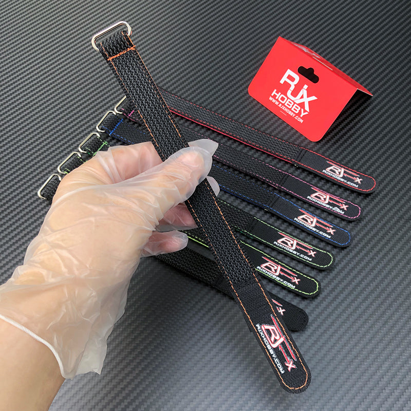 RJXHOBBY black battery straps with metal buckles and colored stitching, RJX logo tags and red packaging