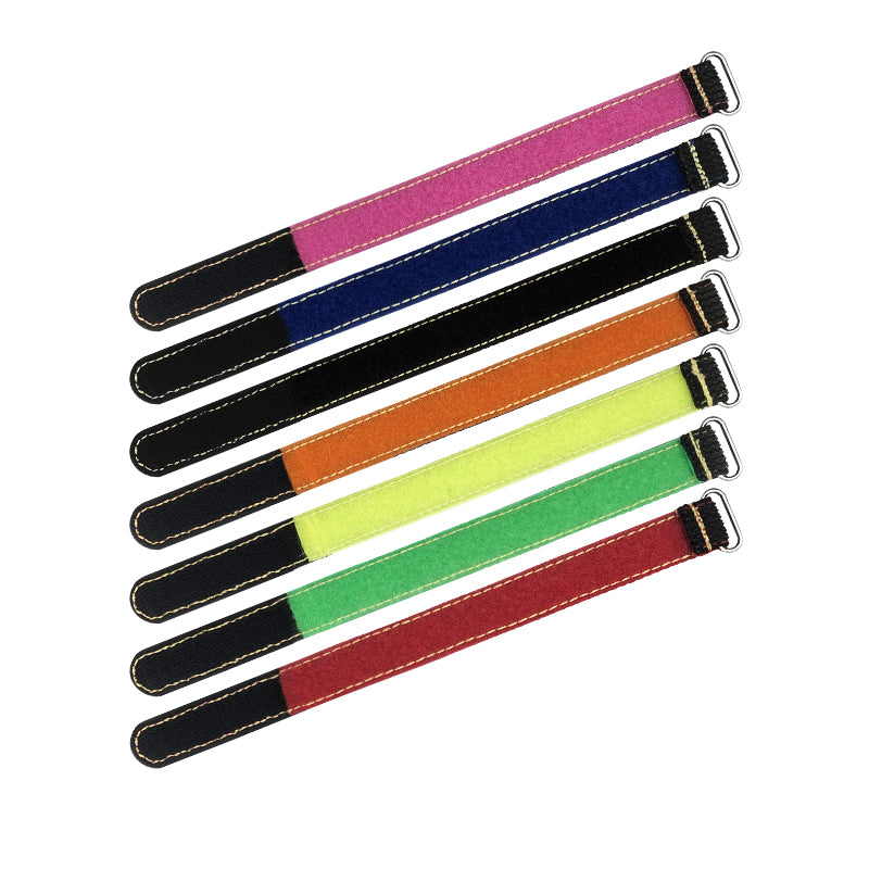 Colorful stitched silicone RC battery straps with metal buckles and hook-and-loop ends