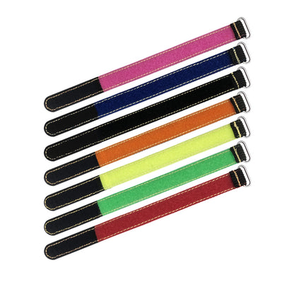 Colorful stitched silicone RC battery straps with metal buckles and hook-and-loop ends
