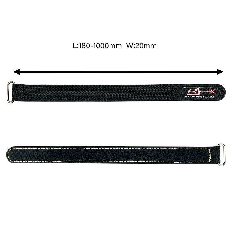 RJXHOBBY 20mm wide black Kevlar-stitched battery strap with metal buckle, length 180–1000mm