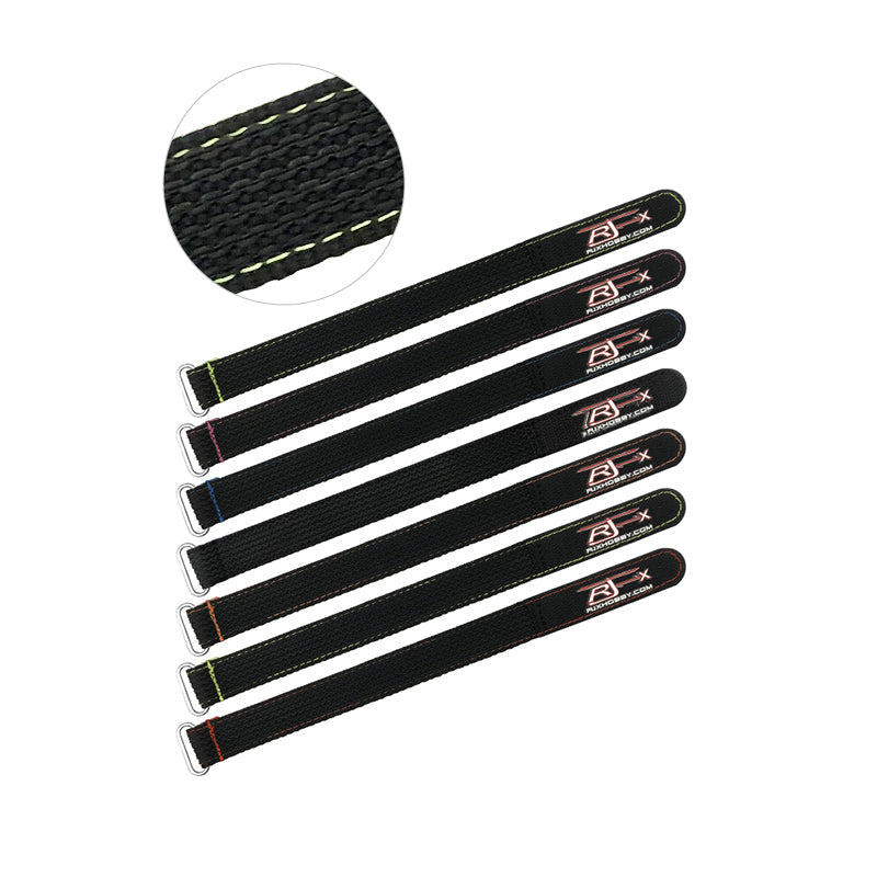 RJXHOBBY non-slip silicone battery strap with stitched edges and metal buckle, black with colored stitching
