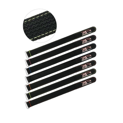 RJXHOBBY non-slip silicone battery strap with stitched edges and metal buckle, black with colored stitching