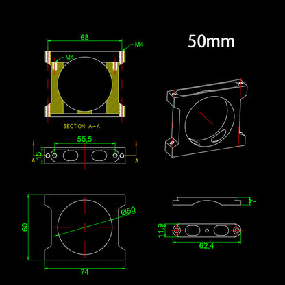 RJX 1pcs Aluminum Pipe Clamp, Technical drawing of aluminum pipe clamp for 50mm diameter tube with M4 mounting holes and dimensions