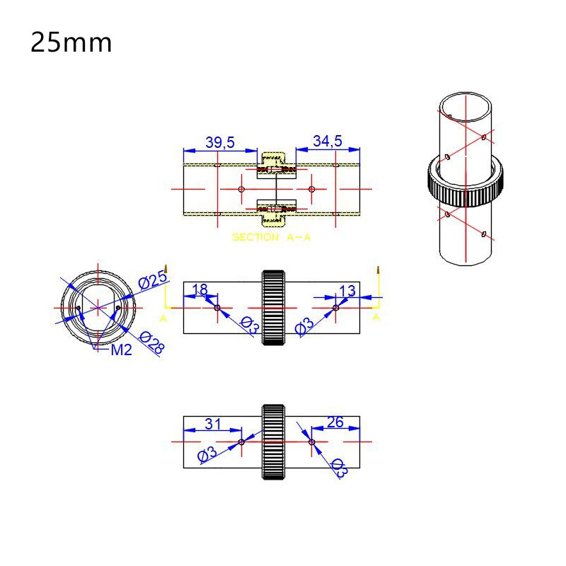 Carbon tube connector for 25mm carbon tubes, made from high-strength aluminum alloy.