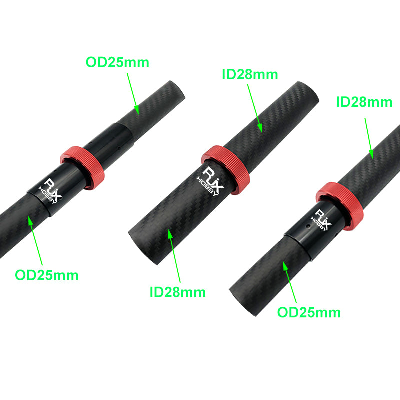 Plug connector for 25mm carbon tubes with multi-IDs for quick release and folding arms.