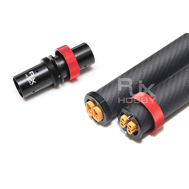 RJX 25mm CNC Quick Release Plug Connector, RJX quick-release plug connector with red locking ring and gold contacts fitted to a carbon tube end