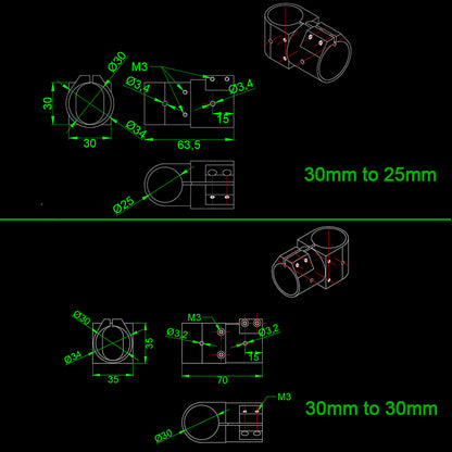 RJX 16,20,25,30,40 Landing Gear Aluminum Alloy Tee Tripod Carbon Fiber Tube Connector For Agriculture Drone UAV