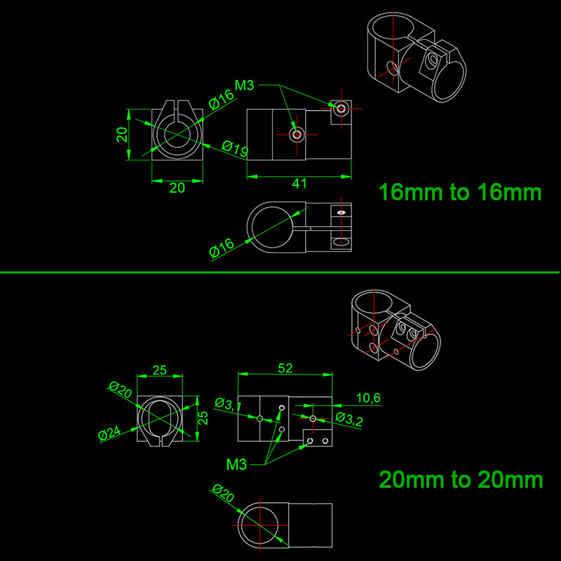 RJX 16,20,25,30,40 Landing Gear Aluminum Alloy Tee Tripod Carbon Fiber Tube Connector For Agriculture Drone UAV